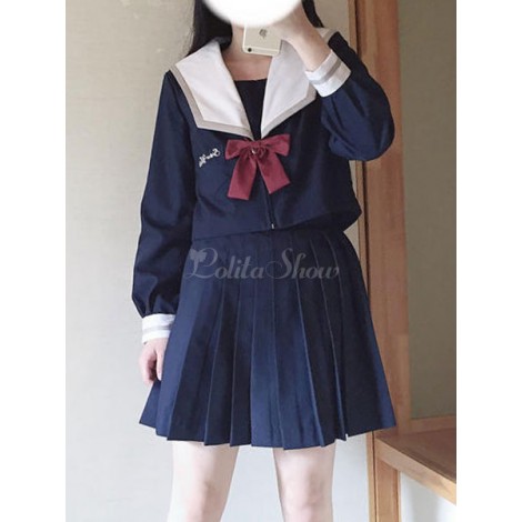 プリーツスカートとセーラースタイルロリータ衣装白雪姫弓ブルーロングスリーブトップ