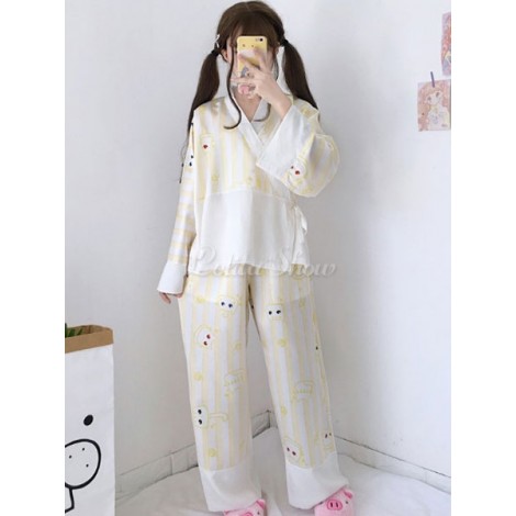 甘いロリータパジャマ服猫プリントVネックサープリス結び目長袖トップスパンツ付き