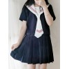 プリーツスカート付きセーラースタイルロリータ衣装ブルーストライプネクタイツートンカラー半袖トップ