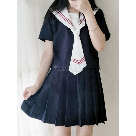 プリーツスカート付きセーラースタイルロリータ衣装ブルーストライプネクタイツートンカラー半袖トップ