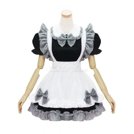 乙女風ロリータOPドレスチェック柄ボウフリルブラックロリータワンピース