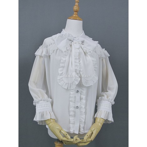 スウィートロリータシャツフリルレーストリムフリルボウホワイトシフォンロリータトップ