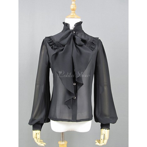 クラシックロリータシャツブラックレースフリルシフォンロリータトップ