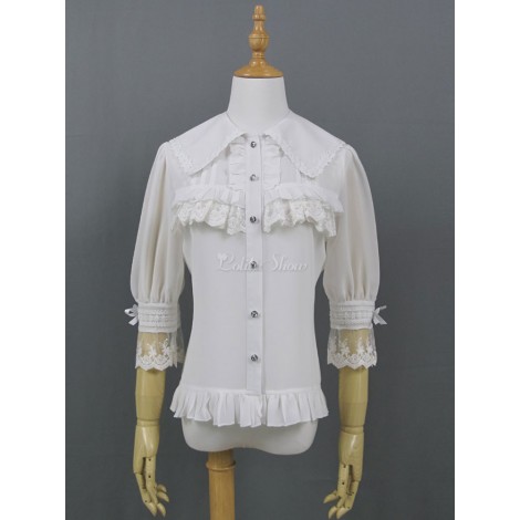 古典的なロリータシャツレースフリル弓シフォンホワイトハーフスリーブロリータトップ