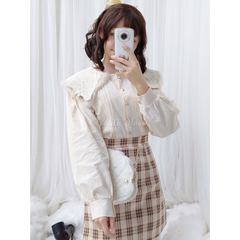 クラシックロリータトップロリータブラウスフェイクファー刺繍入り長袖トップアプリコットロリータシャツ