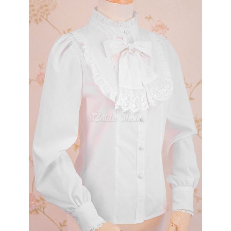 クラシックロリータシャツレーストリムフリルボウホワイトロリータブラウス