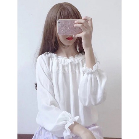 スウィートロリータトップフリルプリーツシフォンホワイトロリータブラウス