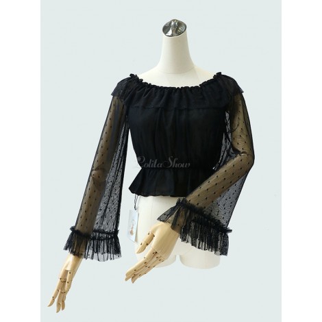 スウィートロリータブラウスシルクレースラッフルポルカドットセミシェアブラックロリータトップ