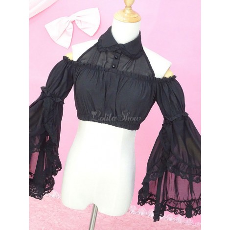 スウィートロリータシャツレースフリルオープンショルダーブラックシフォンロリータブラウスアームカバー付き