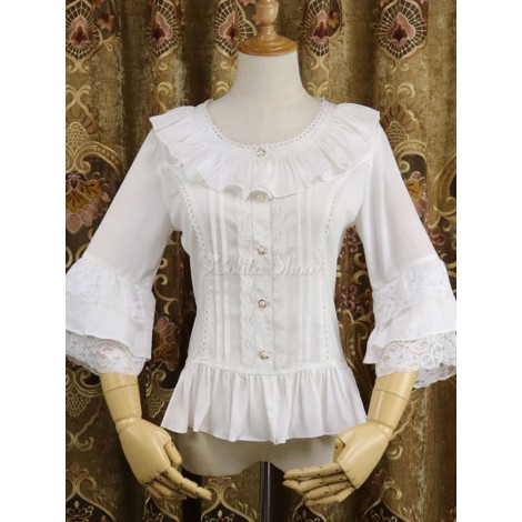 クラシックロリータブラウスレーストリムフリルホワイトロリータトップ