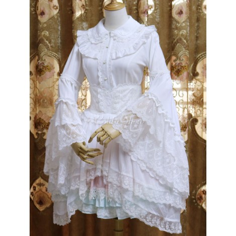 ロココロリータブラウスレーストリムレイヤードフリルホワイトロリータトップ