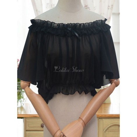 クラシックロリータブラウスフリルプリーツボウシフォンホワイトロリータトップ