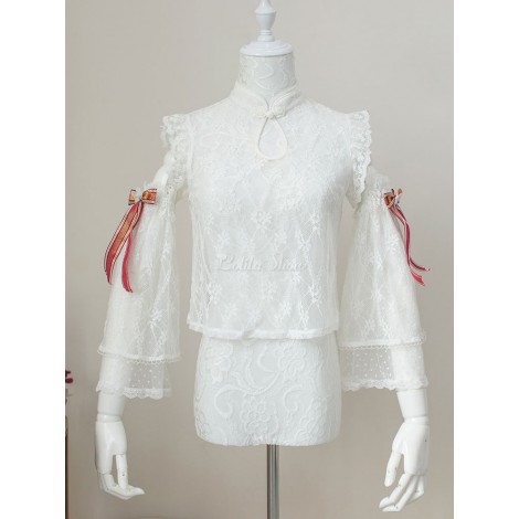 甘いロリータブラウスホワイトノースリーブロリータトップレース弓ロリータシャツ