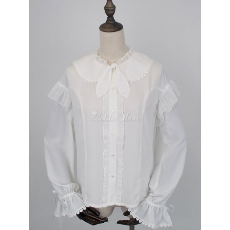 ホワイトロリータブラウス長袖リボンフリルロリータトップ