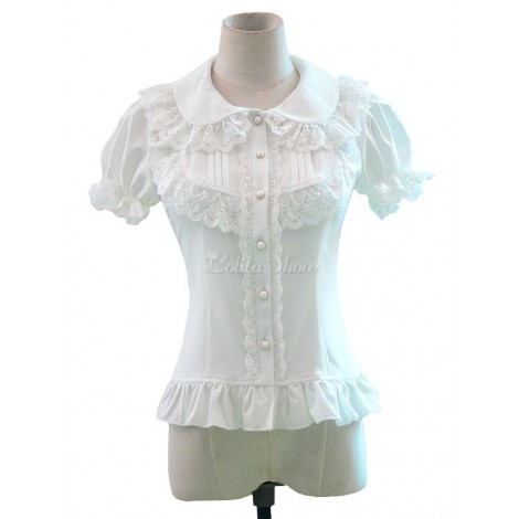 スウィートロリータシャツホワイトレースフリル半袖ロリータトップ