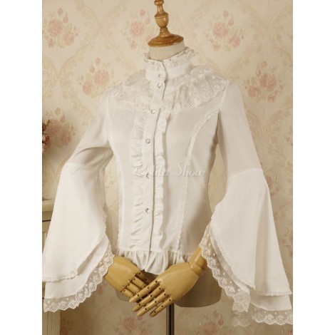 クラシックロリータブラウスレースレイヤードラッフルシフォンホワイトロリータシャツ