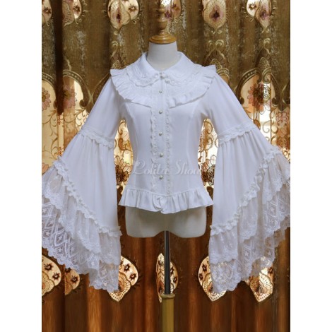 ロココロリータブラウスレーストリムシフォンレイヤードフリルホワイトロリータシャツ