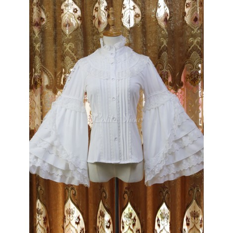 ロココロリータブラウスシフォンレーストリムレイヤードフリルボウホワイトロリータシャツ