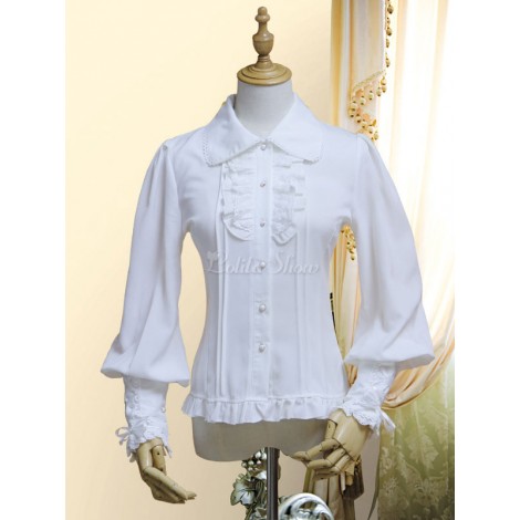 クラシックロリータブラウスシフォンパールボウフリルレースアップホワイトロリータシャツ