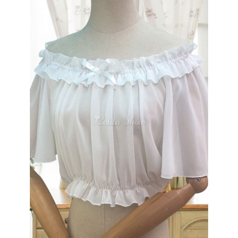 ロリィタブラウス　無地　五分袖　シフォン　スウィート　ボートネック　カジュアル