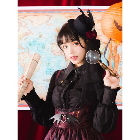 ロリィタブラウス　綿混紡　金属飾り　お茶会　無地　長袖　折り襟　ゴシック