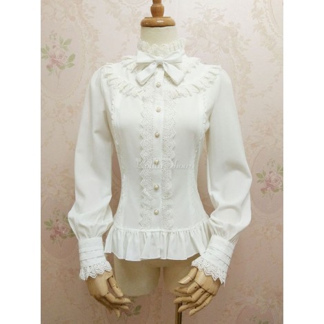 ロリィタブラウス　ホワイト　シフォン　クラシック＆トラディション　スタンドカラー　無地　長袖