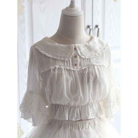 ロリィタブラウス　ホワイト　無地　五分袖　シフォン　スウィート　ピーターパンカラー　お茶会