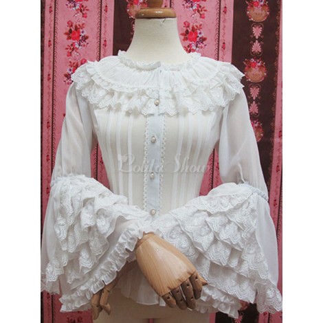 ロリィタブラウス　ホワイト　シフォン　長袖　ラウンドネック　スウィート