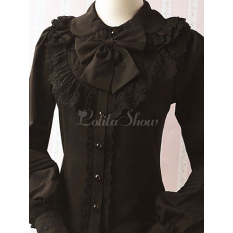 ロリィタブラウス　シフォン　リボン　カジュアル　無地　長袖　折り襟　スウィート