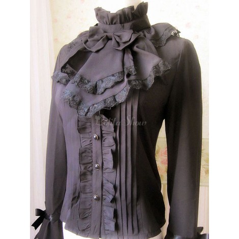 ロリィタブラウス　ポリエステル　長袖　リボン　ハイネック　カジュアル　スウィート　無地