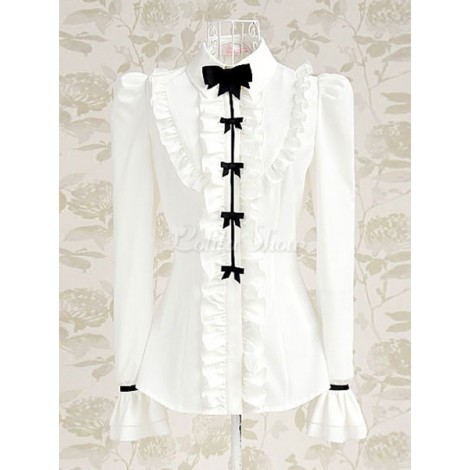 ロリィタブラウス　ホワイト　無地　リボン　長袖　ポリエステル　スウィート　タートルネック　カジュアル