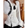ロリィタブラウス　ホワイト　コットン　長袖　フリル　飾り付き襟　カジュアル　スウィート　2カラーブロック
