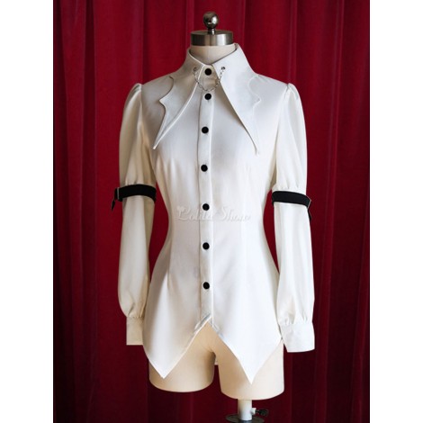 ロリィタブラウス　ホワイト　コットン　長袖　チェーン　折り襟　パーティー　レトロ