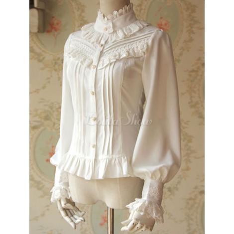 ロリィタブラウス　シフォン　長袖　レース　ポートレイトネック　カジュアル　スウィート