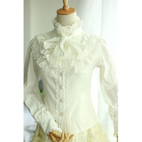 ゴスロリ　ロリータブラウス　白　レース　ロリィタシャツ　ゴシック　クラシック　クラシカル　クラロリ　ヴィンテージ　レトロ　リポン　お茶会