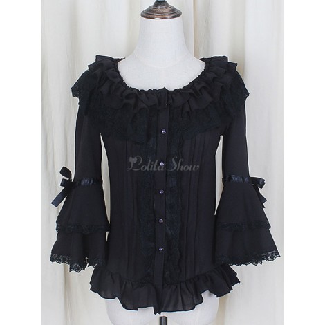 女性のための黒いシフォン レース ロリータ ブラウス