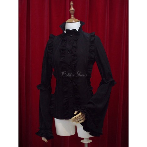 シフォン　ロリィタブラウス　シルクライク　姫袖　スタンドカラー　長袖　レースアップ　フリル