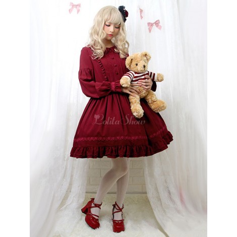 スウィートロリータドレスOPフリルターンダウンカラーボタンワンピースロリータドレス