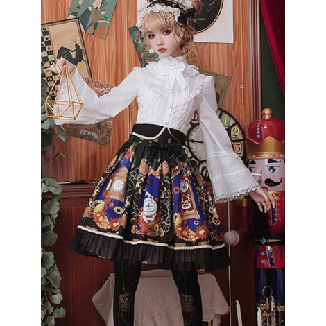 クラシックロリータSKメカニックハートプリントラッフルボウブラックロリータスカート