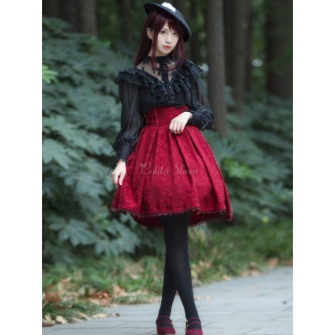 クラシックロリータSKジャカードレーストリムプリーツレッドロリータスカート