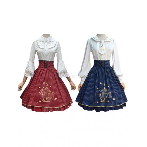 ヴィンテージロリータドレスSK　2020　ワイン赤　ストライプ　ハイウェスト　刺繍鳥かご　フリルロリータスカート　シフォン　アイドル衣装