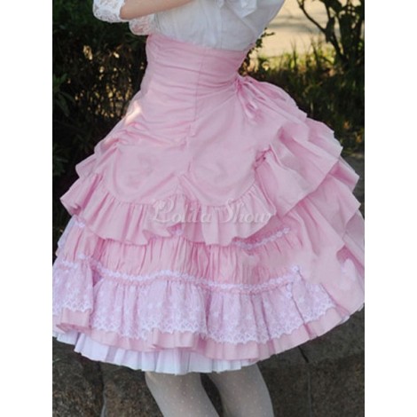 甘いロリータドレスSK　2020　ピンク　レース　十字模様　フリル　ハイウェスト　コットンロリータスカート　アイドル衣装