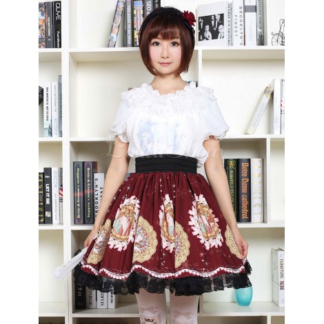 ロリィタスカート　レッド　ゴシック　プリント柄　レース　カジュアル　ポリエステル