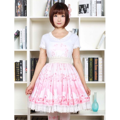 キュート ロリータ ドレス ピンク桜キティ プリント ロリータ スカート白のレース トリム シャーリング