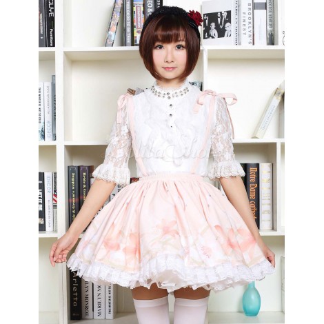 可愛いロリータドレス　2020　甘い　ピンク　フラワープリント　中華風のロリータレーストリムスカート　サスペンダー付き　アイドル衣装