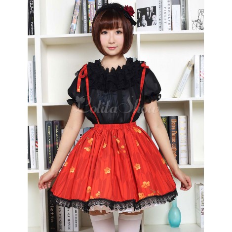 赤いロリータ ドレス甘いさくら印刷ブラック レース トリム付けロリータ サスペンダー スカート