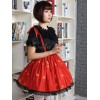 赤いロリータ ドレス甘いさくら印刷ブラック レース トリム付けロリータ サスペンダー スカート