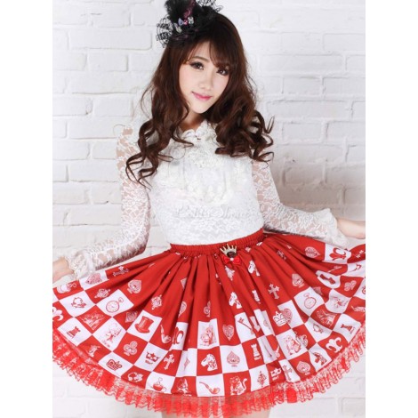 ロリータ服，スカート　レッド　可愛い　スィート　プリント柄　レース付き