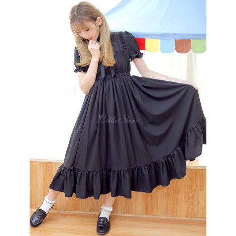 ゴスロリOPワンピースドレス　シフォン　ショートスリーブ　フリル　ブラックロリータドレス　シフォンアイドル衣装