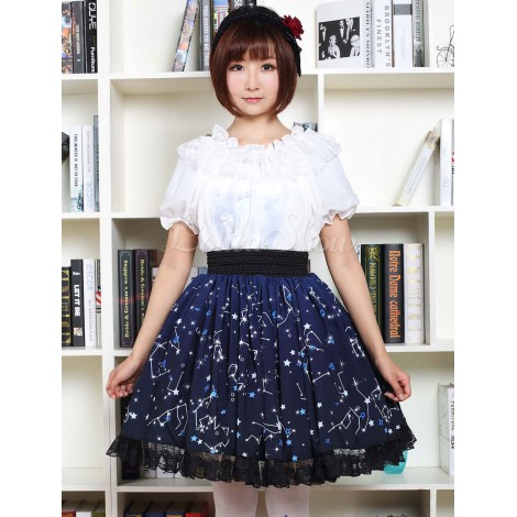ブルーロリータドレス　2020　甘い　星座プリントロリータスカート　ブラックレーストリム　アイドル衣装